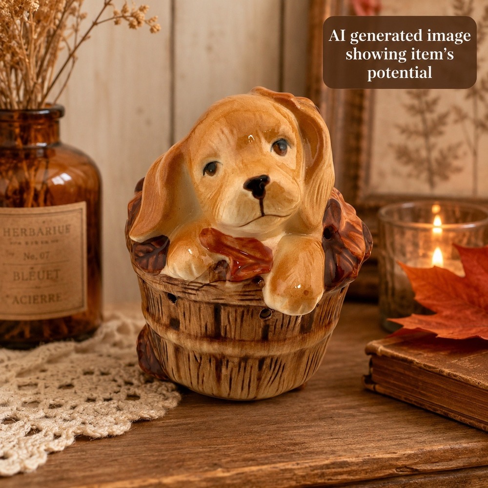 Vintage Avon‎ Puppy Basket Pomander Ceramic Dog Potpourri Holder Fall Leaves